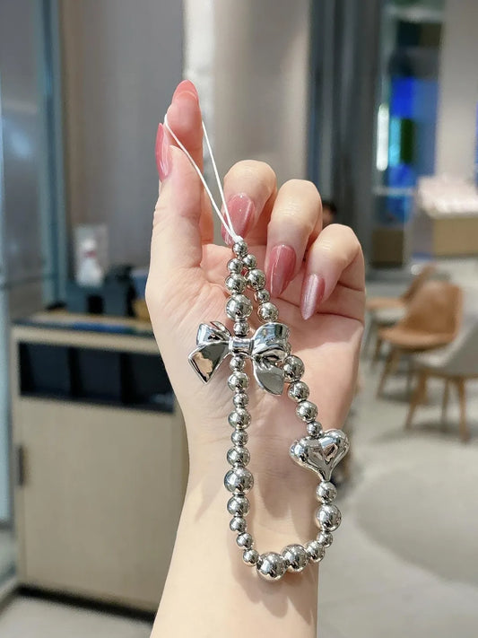 Electroplated Silver Bowknot Beaded Phone Lanyard Chain