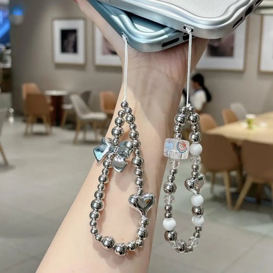 Electroplated Silver Bowknot Beaded Phone Lanyard Chain
