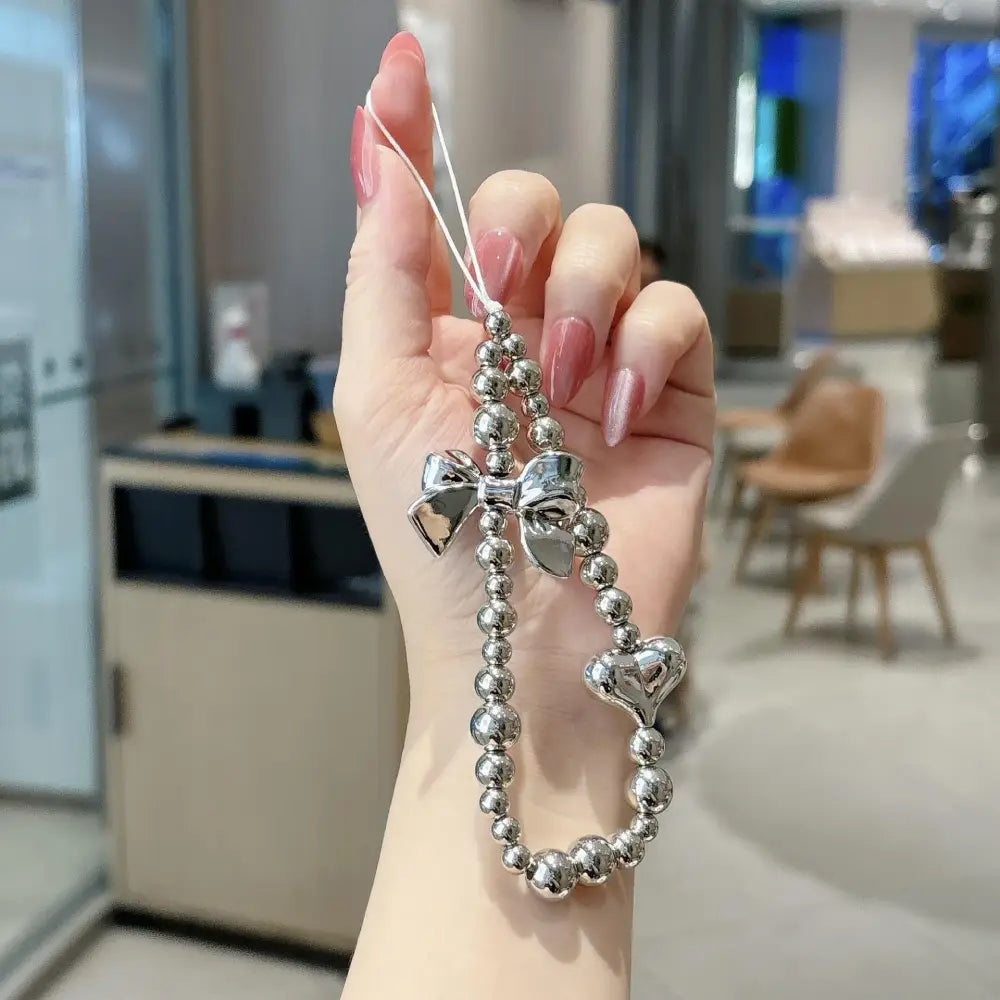 Electroplated Silver Bowknot Beaded Phone Lanyard Chain