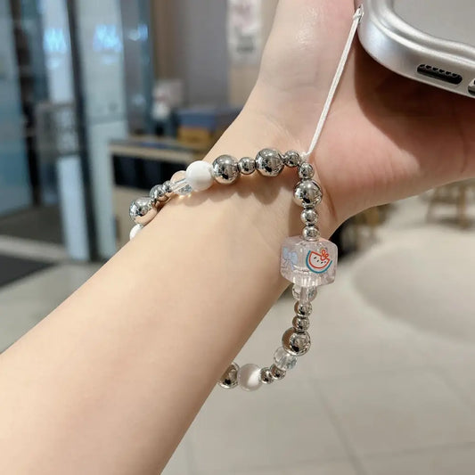 Electroplated Silver Bowknot Beaded Phone Lanyard Chain