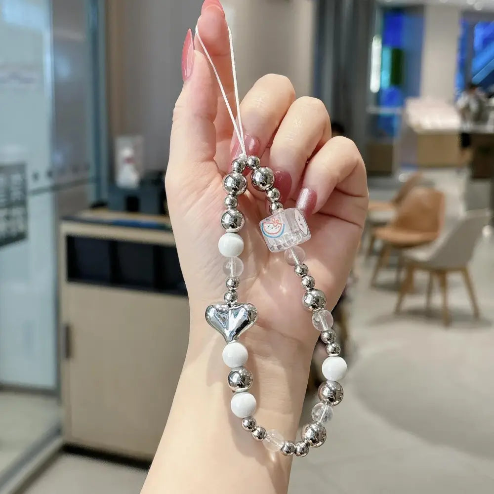Electroplated Silver Bowknot Beaded Phone Lanyard Chain