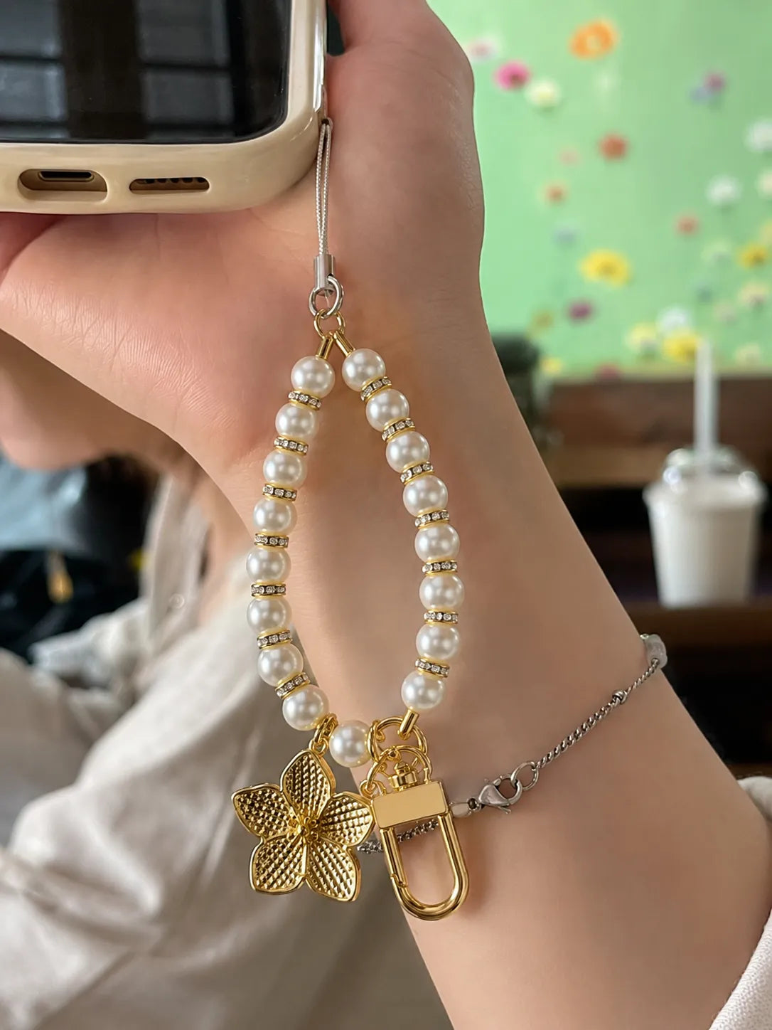 Pearl Gold Sakura Flower Keychain Charm